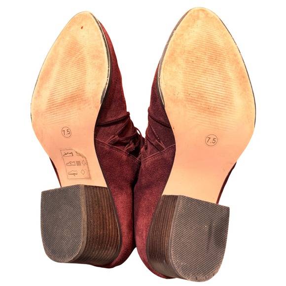 SOLE SOCIETY Burgundy Suede Ruched Ankle Boots Block Heel Side Zip Women's 7.5 - Picture 7 of 8